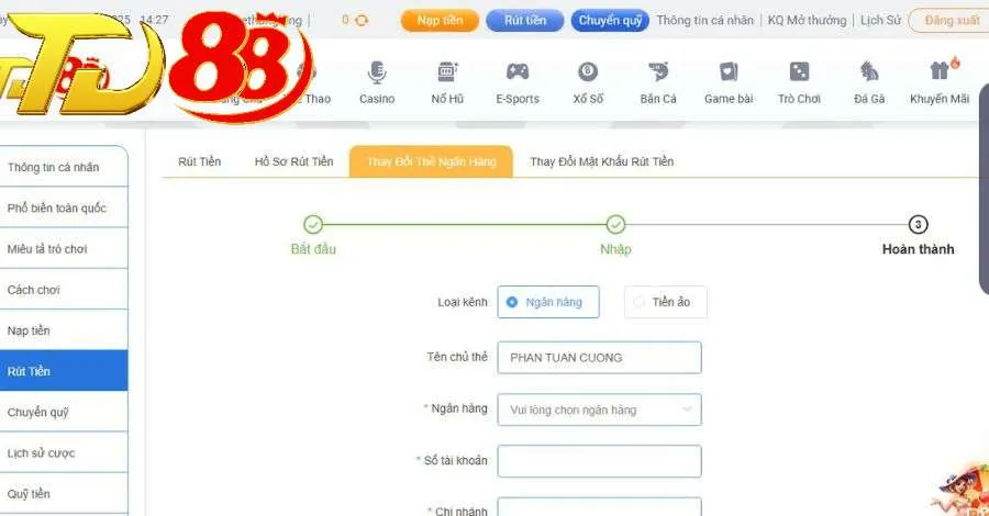 Rút tiền TD88 chỉ mất 5 phút để hoàn tất giao dịch